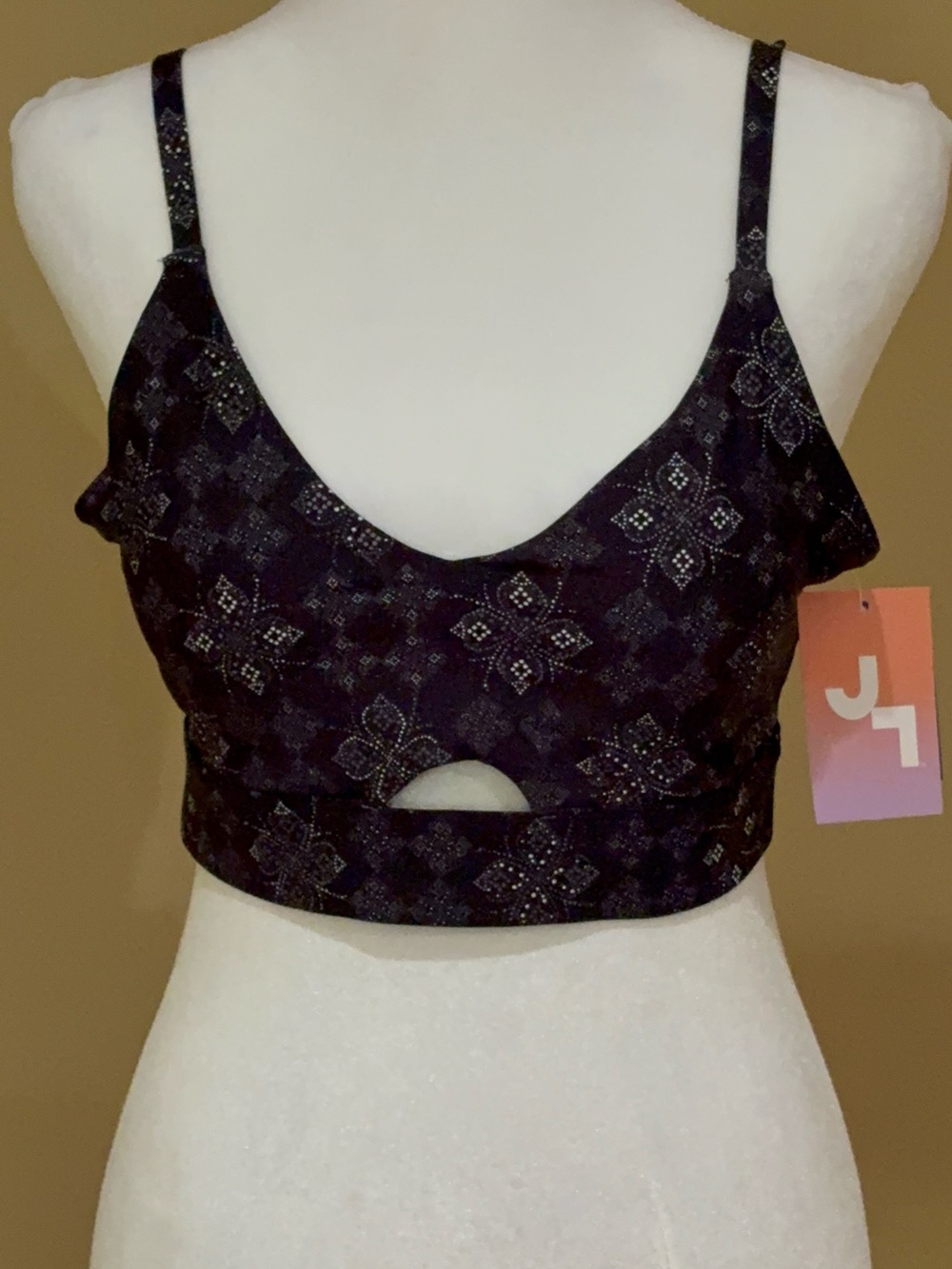 Athletic Cutout Bralette Tank sports bra Top in Black with Geometric Print